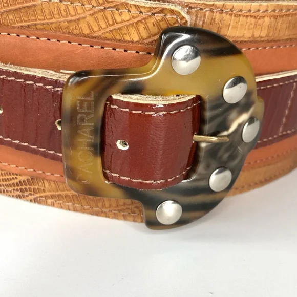 【cacharel】 BROWN LEATHER wide BELT Vintage Cacharel Brown Reptile Leather Tortoise Buckle Stud